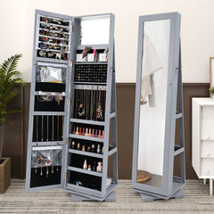 360° Rotatable 2-in-1 Lockable Jewelry Cabinet with Full-Length Mirror-Gray