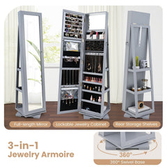 360° Rotatable 2-in-1 Lockable Jewelry Cabinet with Full-Length Mirror-Gray