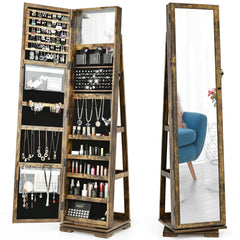 360° Rotatable Armoire 2-in-1 Lockable Mirrored Jewelry Cabinet-Rustic Brown