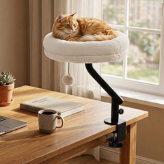 360° Rotating Cat Desk Bed for Indoor Cats with Removable Perch-White