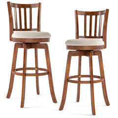 Set of 2 Swivel Bar Stools with Slat Back and Cream Seat, Walnut Wood, 30.5 Inch Seat Height