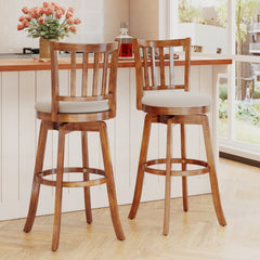 Set of 2 Swivel Bar Stools with Slat Back and Cream Seat, Walnut Wood, 30.5 Inch Seat Height