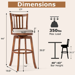 Set of 2 Swivel Bar Stools with Slat Back and Cream Seat, Walnut Wood, 30.5 Inch Seat Height