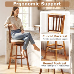 Set of 2 Swivel Bar Stools with Slat Back and Cream Seat, Walnut Wood, 30.5 Inch Seat Height