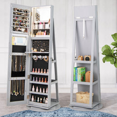 360° Rotating Mirrored Jewelry Cabinet Armoire 3 Color LED Modes Lockable-Gray
