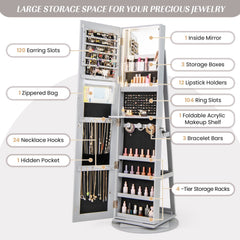 360° Rotating Mirrored Jewelry Cabinet Armoire 3 Color LED Modes Lockable-Gray
