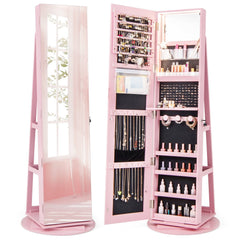 360° Rotating Mirrored Jewelry Cabinet Armoire 3 Color LED Modes Lockable-Pink