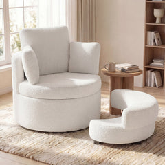 360° Swivel Accent Chair with Half Moon Storage Ottoman-White