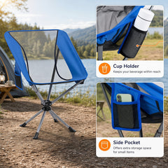 360° Swivel Camping Chair with Cup Holder and Side Pocket for Beach Support 300 LBS-Blue