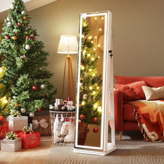 360° Swivel Freestanding Jewelry Cabinet with Lighted Full Length Mirror-White