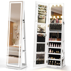 360° Swivel Freestanding Jewelry Cabinet with Lighted Full Length Mirror-White