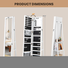 360° Swivel Jewelry Armoire Standing Jewelry Organizer with Full Length Mirror and Back Shelves-White