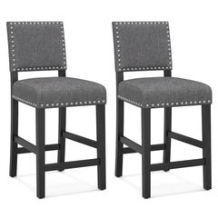 Set of 2 Counter Height Chairs, 25.5 Inch Seat, Grey Linen with Nailhead Trim, Spring Seats and Rubber Wood Legs