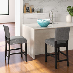Set of 2 Counter Height Chairs, 25.5 Inch Seat, Grey Linen with Nailhead Trim, Spring Seats and Rubber Wood Legs