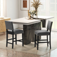 Set of 2 Counter Height Chairs, 25.5 Inch Seat, Grey Linen with Nailhead Trim, Spring Seats and Rubber Wood Legs