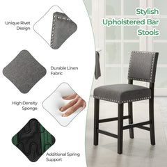 Set of 2 Counter Height Chairs, 25.5 Inch Seat, Grey Linen with Nailhead Trim, Spring Seats and Rubber Wood Legs