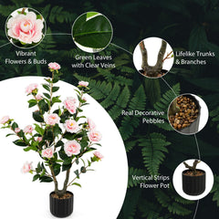 38 Inch Artificial Camellia Tree Faux Flower Plant in Cement Pot 2 Pack-Pink