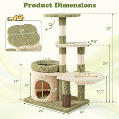 38 Inch Kitten Tower with Condo, Hammock, Removable Bed Cushion and Self Groomer, Green