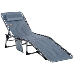 Outdoor Lounge Chair, Folding Chaise Lounge, Patio Padded Tanning Chair with 5-position Adjustable Backrest, Pillow and Pocket for Deck, Beach, Lawn and Sunbathing, Beige