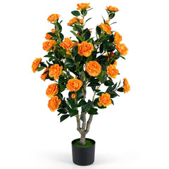 39.5 inches Artificial Camellia Tree with Orange Blossoms in Cement Pot for Home Decoration-Orange