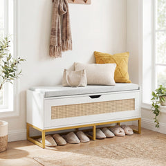 39.5 inches Rattan Storage Chest Wicker Shoe Bench with Padded Seat Flip-Top-White