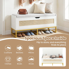 39.5 inches Rattan Storage Chest Wicker Shoe Bench with Padded Seat Flip-Top-White