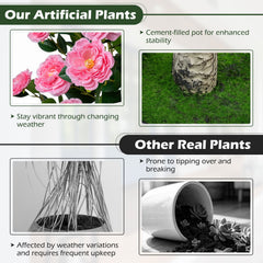 39.5 inches Artificial Camellia Tree with Orange Blossoms in Cement Pot for Home Decoration-Pink