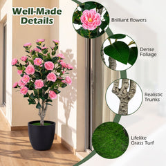 39.5 inches Artificial Camellia Tree with Orange Blossoms in Cement Pot for Home Decoration-Pink