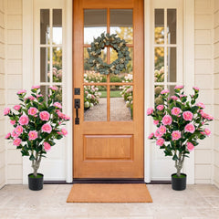 39.5 inches Artificial Camellia Tree with Orange Blossoms in Cement Pot for Home Decoration-Pink