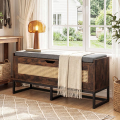 39.5 inches Rattan Storage Chest Wicker Shoe Bench with Padded Seat Flip-Top-Rustic Brown