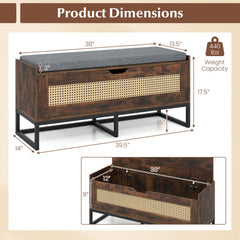 39.5 inches Rattan Storage Chest Wicker Shoe Bench with Padded Seat Flip-Top-Rustic Brown