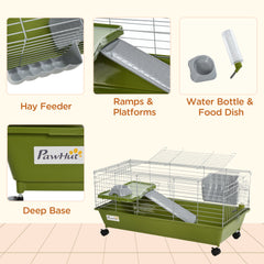 Small Animal Cage, Rolling Bunny Cage, Guinea Pig Cage with Food Dish, Water Bottle, Hay Feeder, Platform, Ramp, Black
