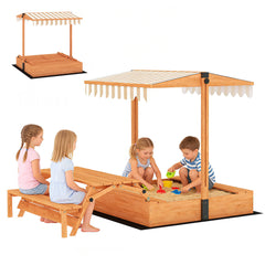 Kids Sandbox with Canopy, Wooden Sand Box with Foldable Picnic Table, Bench Seats, Liner, Cover, Gift for Ages 3-8