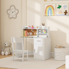 Kids Desk and Chair Set, Kids Study Table and Chair Set with Storage Hutch, Drawer, Cabinet, Compartments, Cork Board