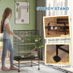 52" Bird Cage with Rolling Stand, Toys, for Budgies Canaries Black
