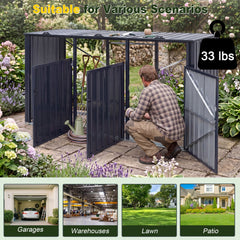 3-Bin Metal Trash Can Storage Shed with Flip-Up Lids for Yard-Dark Gray