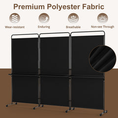 3-Panel Room Divider with Shelves 6 FT Tall Folding Privacy Screen with Lockable Wheels-Black