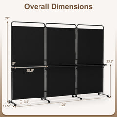 3-Panel Room Divider with Shelves 6 FT Tall Folding Privacy Screen with Lockable Wheels-Black