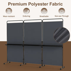 3-Panel Room Divider with Shelves 6 FT Tall Folding Privacy Screen with Lockable Wheels-Gray
