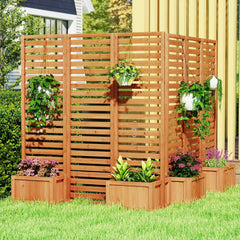 3-Panel Solid Wood Frame Freestanding Garden Fence with 2 Self-Draining Planter Boxes-Yellow