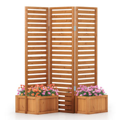 3-Panel Solid Wood Frame Freestanding Garden Fence with 2 Self-Draining Planter Boxes-Yellow