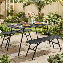 3 Piece All Metal Outdoor Dining Set, 47.5 Inch Slatted Powder Coated Table and 2 Benches, Black