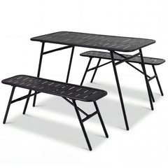 3 Piece All Metal Outdoor Dining Set, 47.5 Inch Slatted Powder Coated Table and 2 Benches, Black