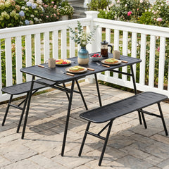 3 Piece All Metal Outdoor Dining Set, 47.5 Inch Slatted Powder Coated Table and 2 Benches, Black