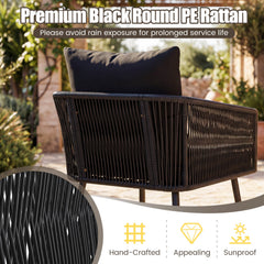 3 Piece Patio Bistro Set, 2 Black Round Rattan Armchairs Rated 400 lb with Black Cushions and a Woven Drum Side Table with Glass Top
