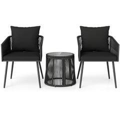 3 Piece Patio Bistro Set, 2 Black Round Rattan Armchairs Rated 400 lb with Black Cushions and a Woven Drum Side Table with Glass Top