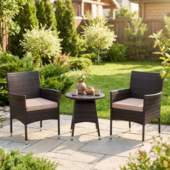 3 Piece Patio Bistro Set, 2 Hand Woven Rattan Armchairs with Beige Cushions and 21 in Round Woven Table at Chair Height