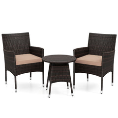 3 Piece Patio Bistro Set, 2 Hand Woven Rattan Armchairs with Beige Cushions and 21 in Round Woven Table at Chair Height