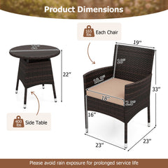 3 Piece Patio Bistro Set, 2 Hand Woven Rattan Armchairs with Beige Cushions and 21 in Round Woven Table at Chair Height