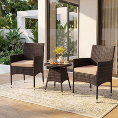 3 Piece Patio Bistro Set, 2 Hand Woven Rattan Armchairs with Beige Cushions and 21 in Round Woven Table at Chair Height